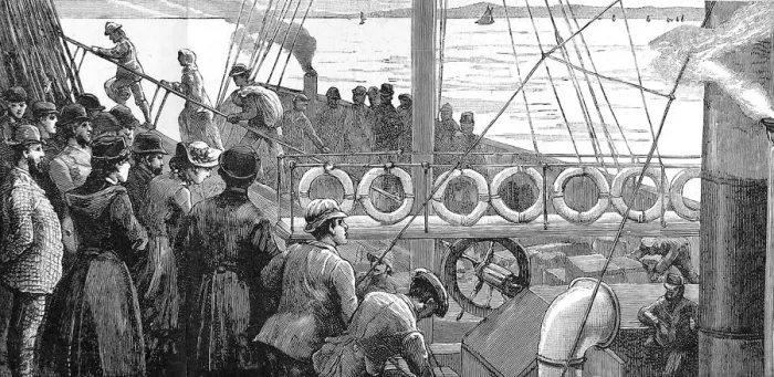 Framed Print : Irish emigrants, in a tender, coming aboard an Atlantic stea Framed Print : Irish emigrants, in a tender, coming aboard an Atlantic stea