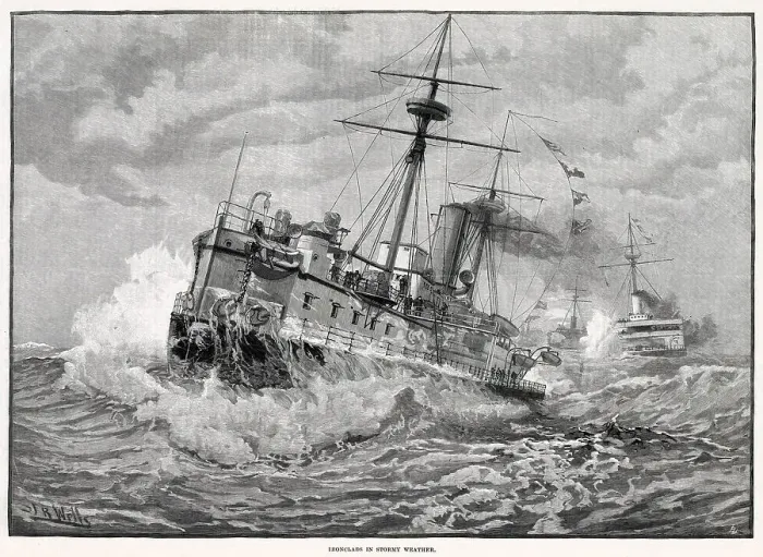 Framed Print : Ironclads in stormy weather. The behaviour of large ironclad warships in rough weather at sea is an important consideration for the British Royal Navy. Date: 1889 Framed Print : Ironclads in stormy weather. The behaviour of large ironclad warships in rough weather at sea is an important consideration for the British Royal Navy. Date: 1889