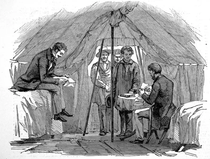 Framed Print : Issuing licenses to dig for gold