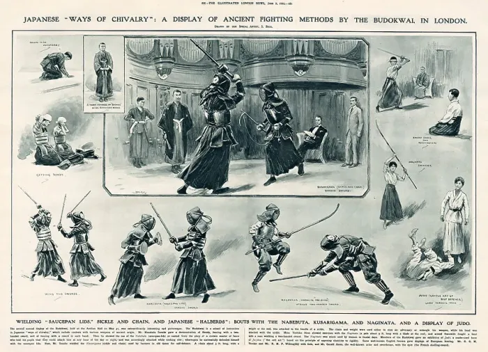 Framed Print : Japanese ways of chivalry: a display of ancient fighting methods by the Budokwai in London at the Aeolian Hall. Wielding saucepan lids, sickle and chain, and Japanese halberds: bouts with the Nabebuta, Kusarigama and Naginata Framed Print : Japanese ways of chivalry: a display of ancient fighting methods by the Budokwai in London at the Aeolian Hall. Wielding saucepan lids, sickle and chain, and Japanese halberds: bouts with the Nabebuta, Kusarigama and Naginata