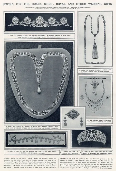 Framed Print : Jewels for the Duke's bride: royal and other wedding gifts given to the Duke and Duchess of York in 1923. 1. A diamond bandeau from the bride's father, the Earl of Strathmore; 2