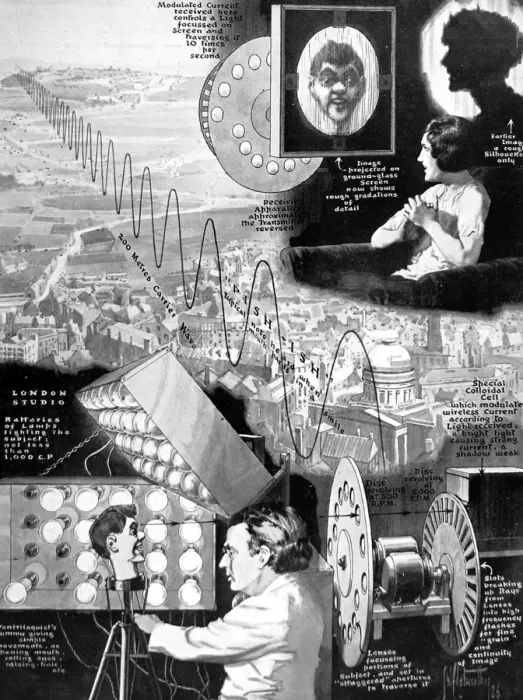 Framed Print : John Logie Bairds experiment, showing how television transm Framed Print : John Logie Bairds experiment, showing how television transm