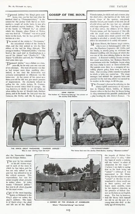 Framed Print : John Porter and the Stables at Kingsclere, Newbury, Hampshire - with champion racehorses Pietermaritzburg and Diamond Jubilee. Date: 1909 Framed Print : John Porter and the Stables at Kingsclere, Newbury, Hampshire - with champion racehorses Pietermaritzburg and Diamond Jubilee. Date: 1909