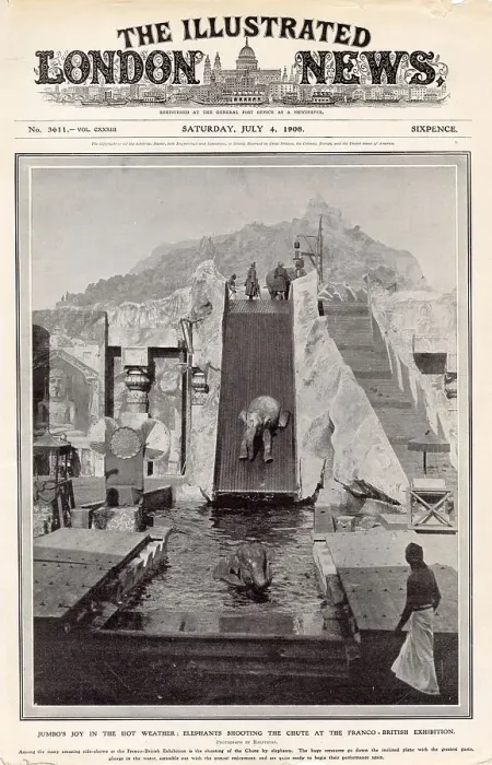 Framed Print : Jumbo's joy in the hot weather: Elephants shooting the chute at the Franco-British Exhibition held at White City, London 1908 Date: 1908 Framed Print : Jumbo's joy in the hot weather: Elephants shooting the chute at the Franco-British Exhibition held at White City, London 1908 Date: 1908
