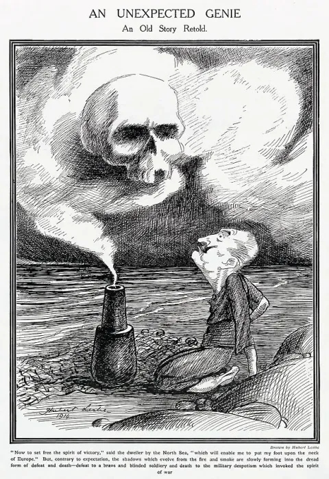 Framed Print : Kaiser Wilhelm II depicted in the role of Aladdin but instead of releasing a genie, he releases the spectre of death through his actions. Date: 1914 Framed Print : Kaiser Wilhelm II depicted in the role of Aladdin but instead of releasing a genie, he releases the spectre of death through his actions. Date: 1914