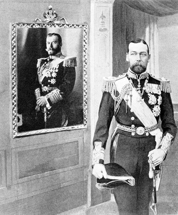 Framed Print : King George V beside a portrait of the Czar, 1909 Framed Print : King George V beside a portrait of the Czar, 1909