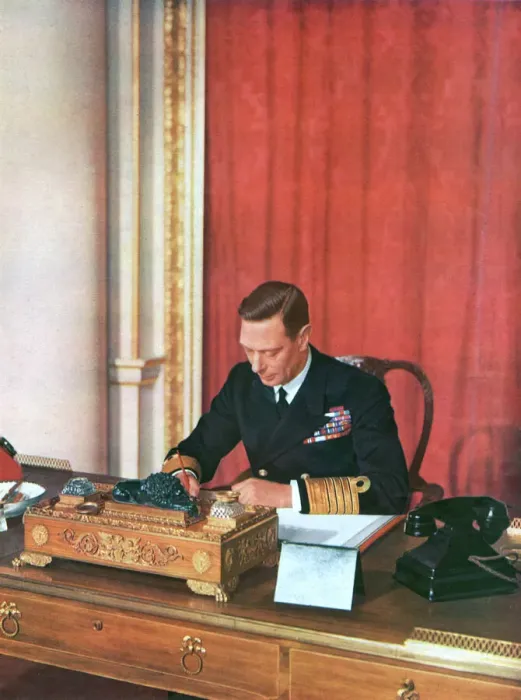 Framed Print : King George VI at his desk in naval uniform, 1942