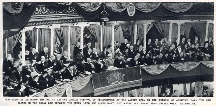 Framed Print : King George VI seated in the Royal Box between Queen Mary and Queen Elizabeth (just above the Royal coat of arms draped over the balcony) at The British Legion's Festival of Remembrance held at The Royal Albert Hall, London. Date: 1937 Framed Print : King George VI seated in the Royal Box between Queen Mary and Queen Elizabeth (just above the Royal coat of arms draped over the balcony) at The British Legion's Festival of Remembrance held at The Royal Albert Hall, London. Date: 1937