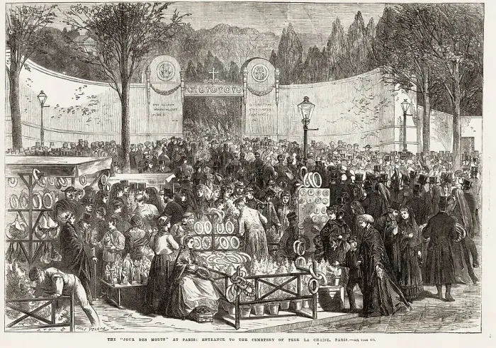 Framed Print : La Jour des Morts (Day of the Dead) - Parisiens visit tombs of their dead relatives Date: 1869