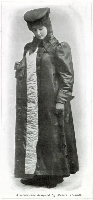 Framed Print : Lady motorist wearing a quilted full length protective motor-coat against the bad weather designed by Dunhill. Date: 1907 Framed Print : Lady motorist wearing a quilted full length protective motor-coat against the bad weather designed by Dunhill. Date: 1907