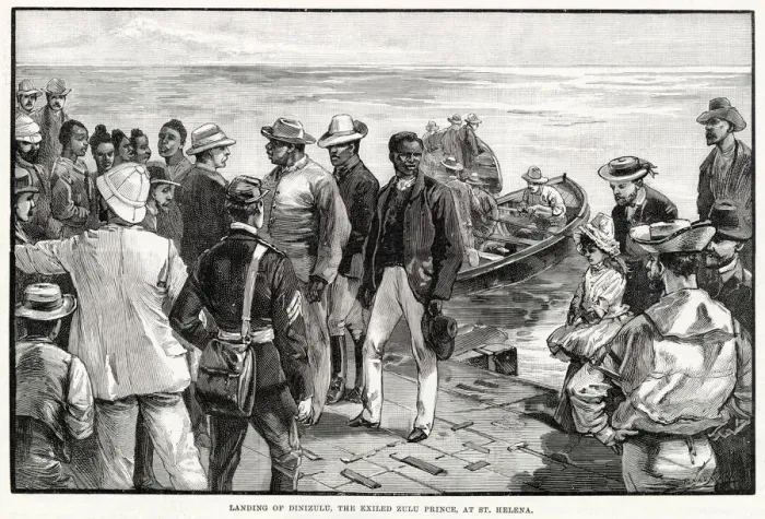 Framed Print : Landing of Dinizulu, the exiled Zulu prince, at St. Helena. Date: 1890 Framed Print : Landing of Dinizulu, the exiled Zulu prince, at St. Helena. Date: 1890