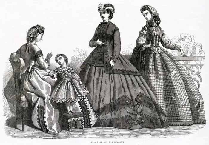 Framed Print : The latest fashion of Autumn, with darker silks of colour in their dresses