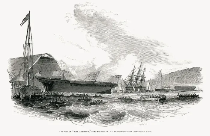 Framed Print : Launch of The Avenger Steam Frigate at Devonport Dockyard, Plymouth