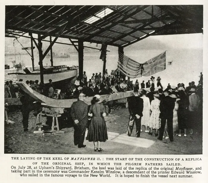 Framed Print : The laying of the keel of Mayflower II. The start of the construction of a replica of the original ship in which the pilgrim fathers sailed to the new world. The ceremony took place on July 28 1955, at Upham's Shipyard, Brixham Framed Print : The laying of the keel of Mayflower II. The start of the construction of a replica of the original ship in which the pilgrim fathers sailed to the new world. The ceremony took place on July 28 1955, at Upham's Shipyard, Brixham