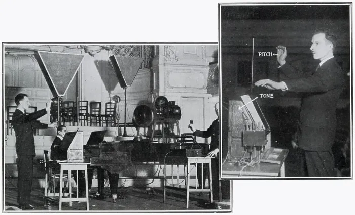 Framed Print : Leon Theremin (1896 - 1993) giving a demonstration of his electronic musical instrument to a group of invited Scientists (including Sir Oliver Lodge) at the Savoy Hotel and at an subsequently a concert at the Albert Hall (pictured)