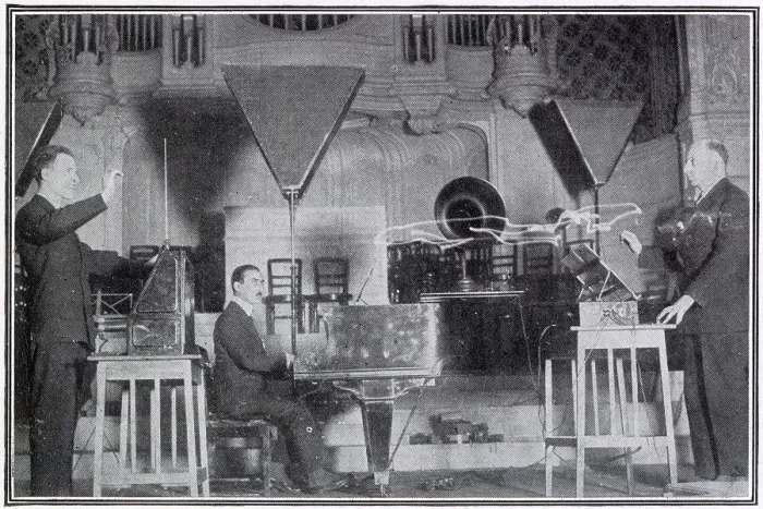 Framed Print : Leon Theremin (1896 - 1993) giving a demonstration of his electronic musical instrument in concert at the Albert Hall (pictured) where he played Schubert's Ave Maria and other airs. He is shown here in duet with Mr Goldberg Framed Print : Leon Theremin (1896 - 1993) giving a demonstration of his electronic musical instrument in concert at the Albert Hall (pictured) where he played Schubert's Ave Maria and other airs. He is shown here in duet with Mr Goldberg
