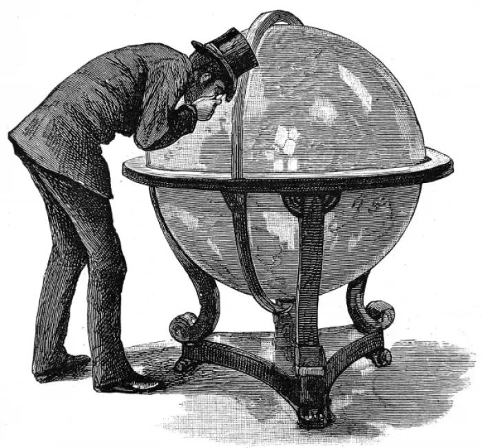 Framed Print : Lloyds Underwriter examining a globe, 1886 Framed Print : Lloyds Underwriter examining a globe, 1886