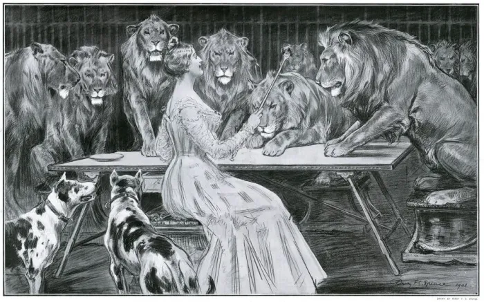 Framed Print : London Hippodrome, Madame Heliot & her lions Framed Print : London Hippodrome, Madame Heliot & her lions