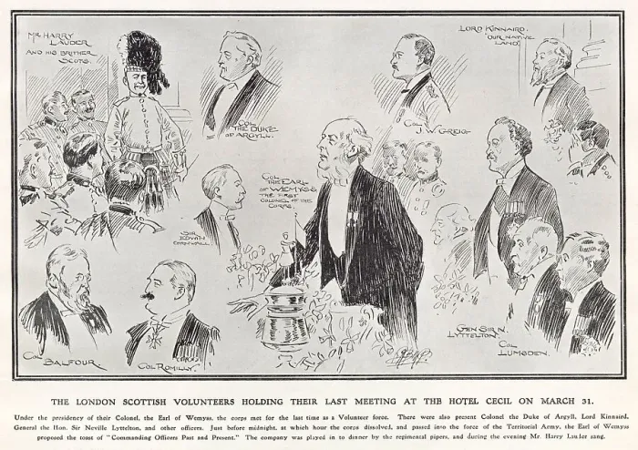 Framed Print : The London Scottish Volunteers holding their last meeting at the Hotel Cecil on 31 March 1908. Prominent figures sketched here include Harry Lauder, the Duke of Argyll, Earl of Weymss and Lord Kinaird. Date: 1908 Framed Print : The London Scottish Volunteers holding their last meeting at the Hotel Cecil on 31 March 1908. Prominent figures sketched here include Harry Lauder, the Duke of Argyll, Earl of Weymss and Lord Kinaird. Date: 1908