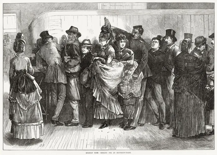 Framed Print : A long queue to buy railway tickets - and an opportunity for casual flirtation