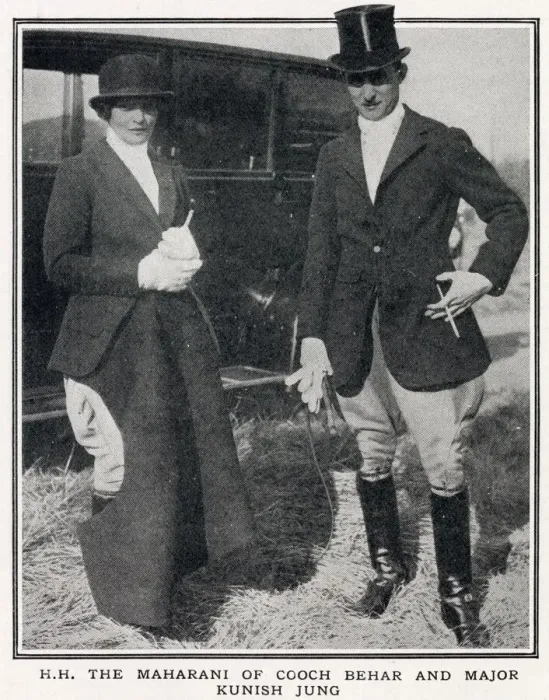 Framed Print : The Maharani of Cooch Behar pictured with Major Kunish Jung at a meet of the Belvoir Framed Print : The Maharani of Cooch Behar pictured with Major Kunish Jung at a meet of the Belvoir