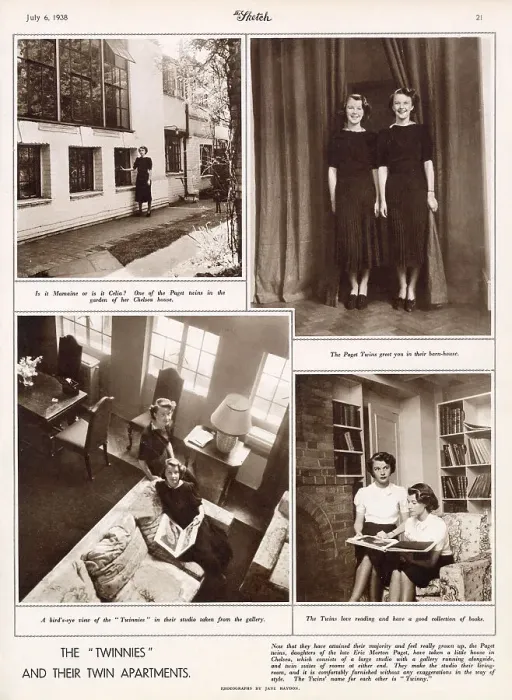 Framed Print : Maimie and Celia Paget, twin daughters of the late Eric Morton Paget, featured in the Sketch in their Chelsea house consisting of a studio and a twin suite of bedrooms. Date: 1938