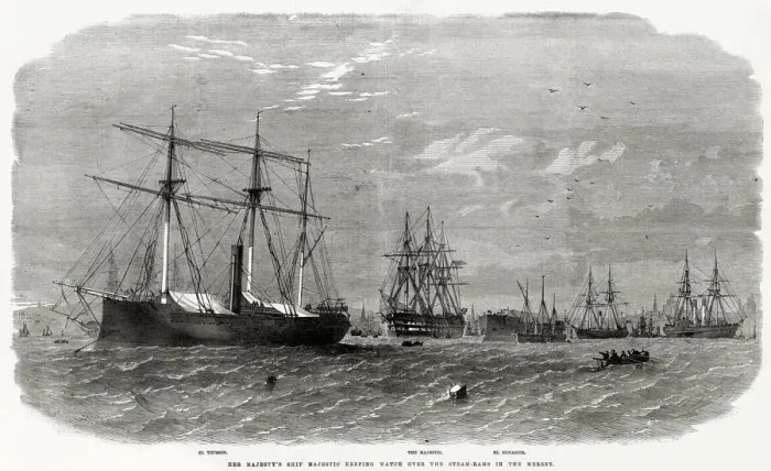 Framed Print : Her Majestys Ship Majestic keeping watch over the Steam-Rams in the Mersey Framed Print : Her Majestys Ship Majestic keeping watch over the Steam-Rams in the Mersey