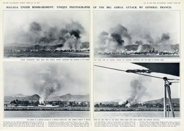 Framed Print : Malaga under bombardment: unique photographs of the big aerial attack by General Franco. Spanish Civil War. Pages from The Illustrated London News, 23rd January 1937. Date: 1937 Framed Print : Malaga under bombardment: unique photographs of the big aerial attack by General Franco. Spanish Civil War. Pages from The Illustrated London News, 23rd January 1937. Date: 1937