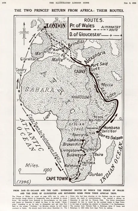 Framed Print : Map of Africa showing the two different routes taken by the Prince of Wales and the Duke of Gloucester when they cut short their trip to Kenya and central African after receiving news that their father, King George V, was ill Framed Print : Map of Africa showing the two different routes taken by the Prince of Wales and the Duke of Gloucester when they cut short their trip to Kenya and central African after receiving news that their father, King George V, was ill