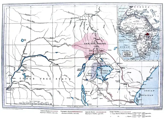Framed Print : Map of Central Africa showing the likely routes of the Emin