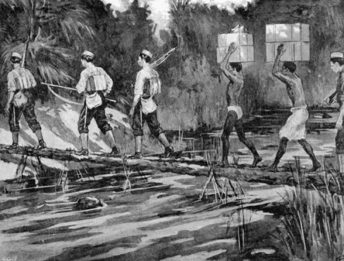 Framed Print : On the march. Crossing a bridge during the Mendi expedition