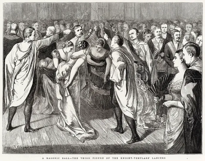 Framed Print : A masonic ball at Cambridge, given by the Isaac Newton University Lodge of Freemasons. The engraving represents the third figure of the Knight Templars Lancers, when the knights cross their swords over their partners heads