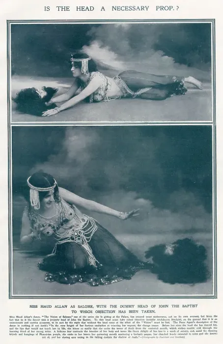 Framed Print : Maud Allan (1873 - 1956), dancer and choreographer. Playing Salome in The Vision of Salome. Inspired by Oscar Wilde's play Salome, Maud Allan can be seen with dummy head of John the Baptist at the Palace. Date: 1908