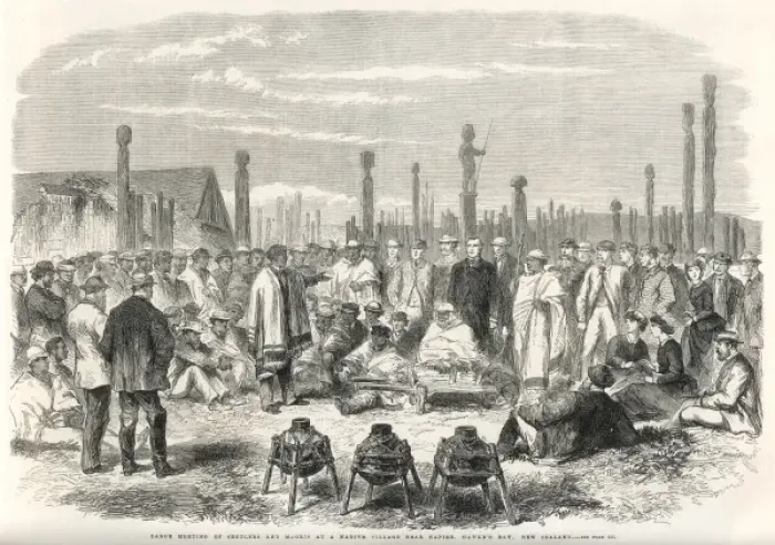 Framed Print : Meeting of settlers and Maoris, New Zealand 1863 Framed Print : Meeting of settlers and Maoris, New Zealand 1863