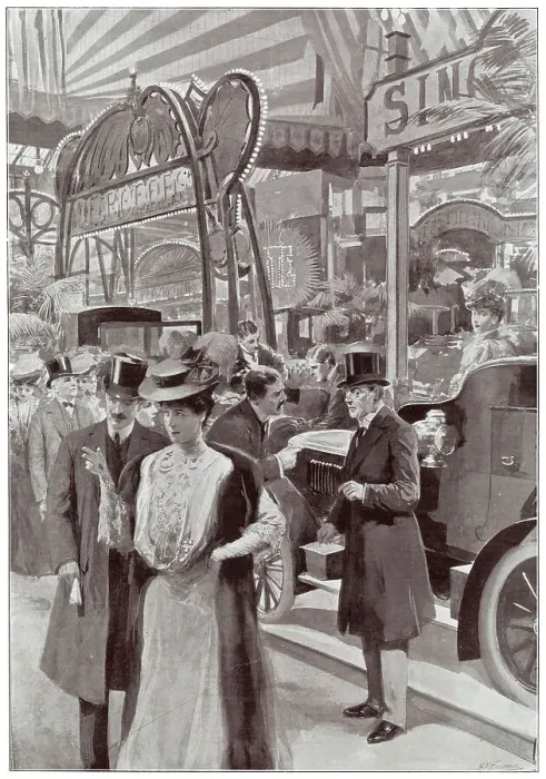 Framed Print : Men and women looking around the stands at the Olympia Motor show in London. Date: 1906 Framed Print : Men and women looking around the stands at the Olympia Motor show in London. Date: 1906