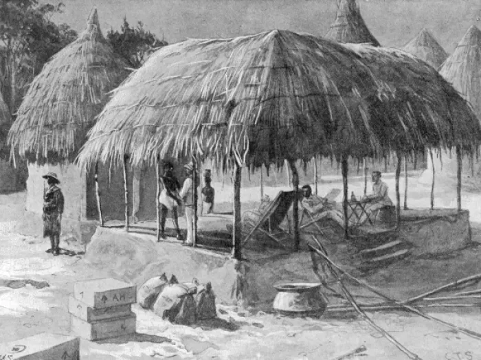 Framed Print : Mendi expedition, Sierra Leone. Palaver hut used as mess Framed Print : Mendi expedition, Sierra Leone. Palaver hut used as mess