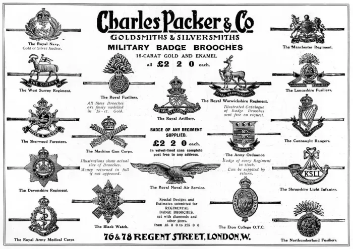 Framed Print : Military regimental badge brooches advertisement, WW1 Framed Print : Military regimental badge brooches advertisement, WW1