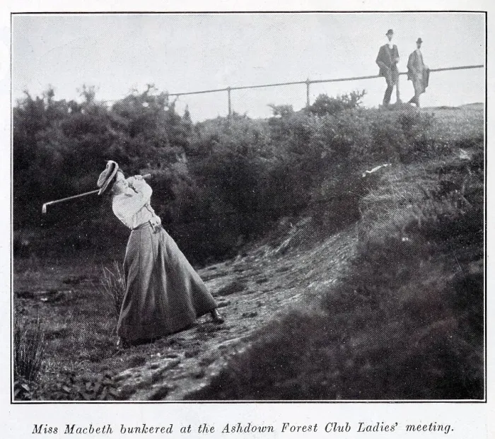Framed Print : Miss Macbeth playing a shot out of a bunker at the Ashdown Forest Club Ladies Meeting. Date: 1909 Framed Print : Miss Macbeth playing a shot out of a bunker at the Ashdown Forest Club Ladies Meeting. Date: 1909