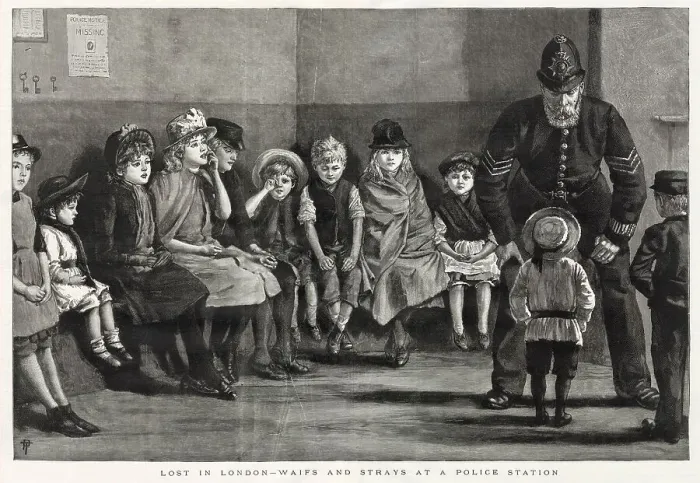 Framed Print : Missing children waiting to be reunited. Date: 1887 Framed Print : Missing children waiting to be reunited. Date: 1887