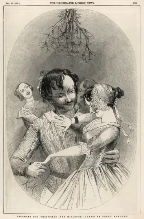 Framed Print : MISTLETOE. Bold gentleman asking for a kiss under the mistletoe from a coy partner Framed Print : MISTLETOE. Bold gentleman asking for a kiss under the mistletoe from a coy partner