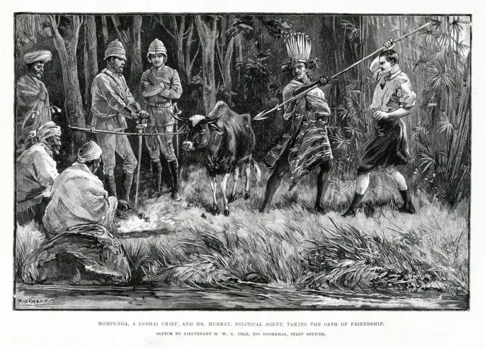 Framed Print : Mompunga, a Lushai chief, and Mr. Murray, political agent, taking the oath of friendship Framed Print : Mompunga, a Lushai chief, and Mr. Murray, political agent, taking the oath of friendship