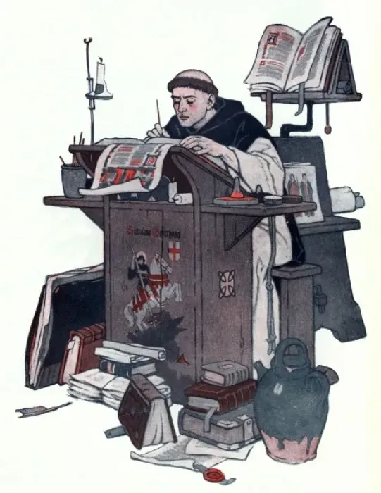 Framed Print : Monk working on an illuminated manuscript Framed Print : Monk working on an illuminated manuscript