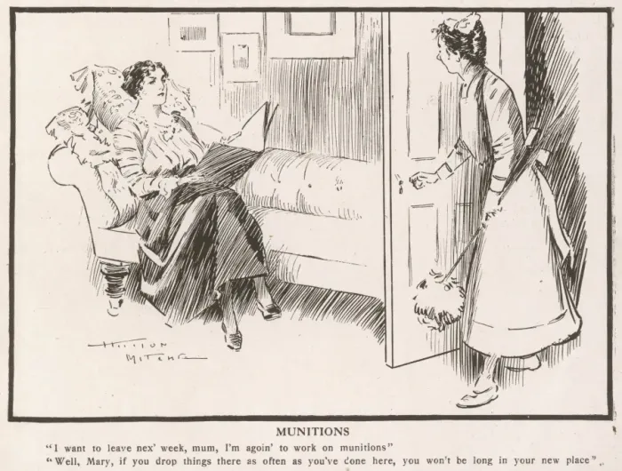 Framed Print : Munitions. A maid informs the mistress of the house that she is off to