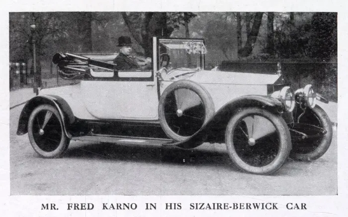 Framed Print : Music hall star Fred Karno pictured posing in his Sizaire-Berwick car. Date: 1915 Framed Print : Music hall star Fred Karno pictured posing in his Sizaire-Berwick car. Date: 1915
