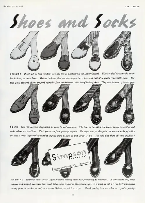 Framed Print : A natty selection of shoes and socks for men for leisure, town and evening wear, available from that arbiter of classic masculine style, Simpson of Piccadilly (now Waterstone's). Date: 1936 Framed Print : A natty selection of shoes and socks for men for leisure, town and evening wear, available from that arbiter of classic masculine style, Simpson of Piccadilly (now Waterstone's). Date: 1936