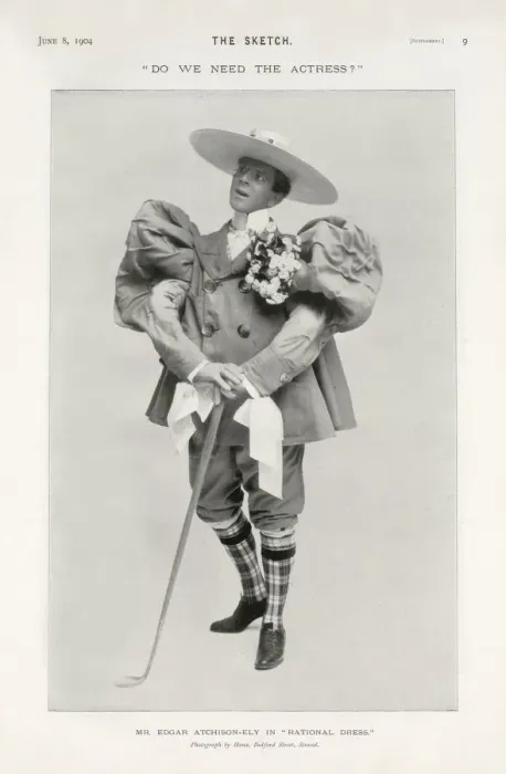 Framed Print : Do we need the Actress?. Mr Edgar Atchison-Ely in Rational Dress. Date: 1904 Framed Print : Do we need the Actress?. Mr Edgar Atchison-Ely in Rational Dress. Date: 1904