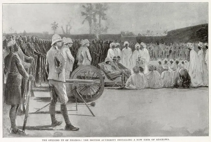 Framed Print : A new Emir of Adamawa is installed. After the capture of Yola, Colonel Morland deposed the Emir and set up a brother of the vanquished ruler in his stead. Date: 1902 Framed Print : A new Emir of Adamawa is installed. After the capture of Yola, Colonel Morland deposed the Emir and set up a brother of the vanquished ruler in his stead. Date: 1902