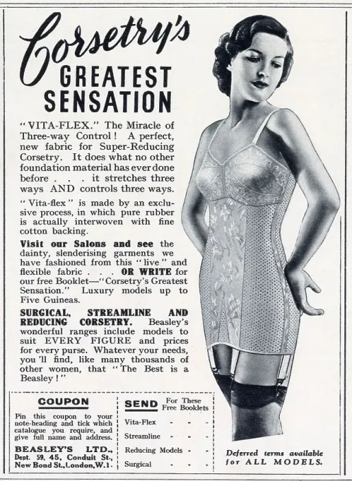 Framed Print : New fabric that stretches three ways Vita-Flex was made of an exclusive process in which pure rubber was interwoven with fine cotton backing. Date: 1939 Framed Print : New fabric that stretches three ways Vita-Flex was made of an exclusive process in which pure rubber was interwoven with fine cotton backing. Date: 1939