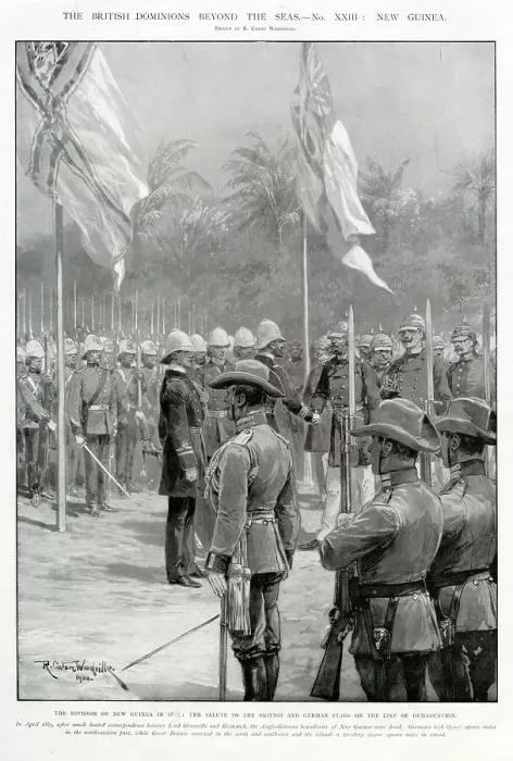 Framed Print : New Guinea is divided between Britain and Germany. A military ceremony is held to mark the occasion. Date: April 1885 Framed Print : New Guinea is divided between Britain and Germany. A military ceremony is held to mark the occasion. Date: April 1885