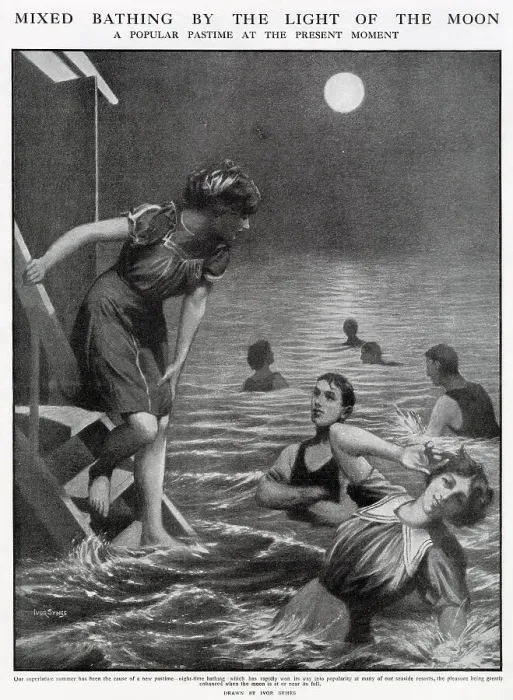 Framed Print : New pastime, where men and women went swimming outside at night at many seaside resorts. Date: 1911 Framed Print : New pastime, where men and women went swimming outside at night at many seaside resorts. Date: 1911